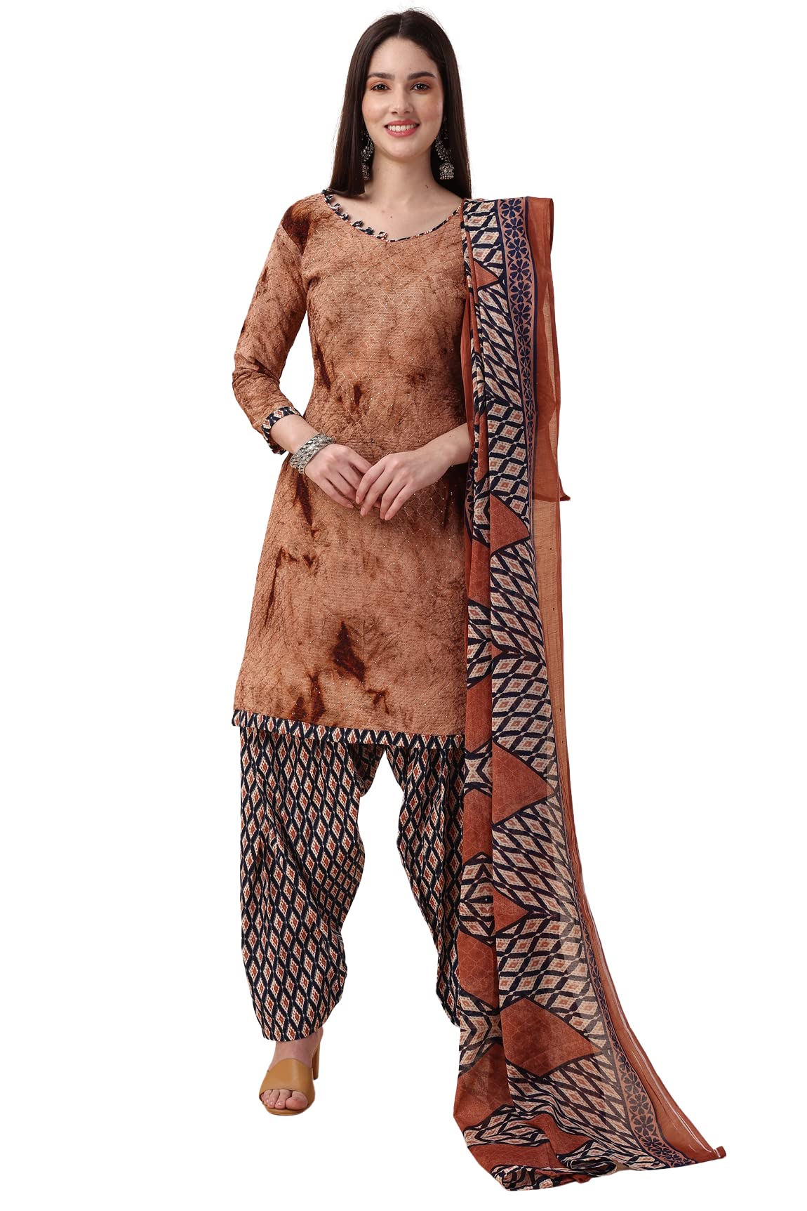 Rajnandini Women's Brown Cotton Embroidered Unstitched Salwar Suit Material (6104), Brown, Free Size