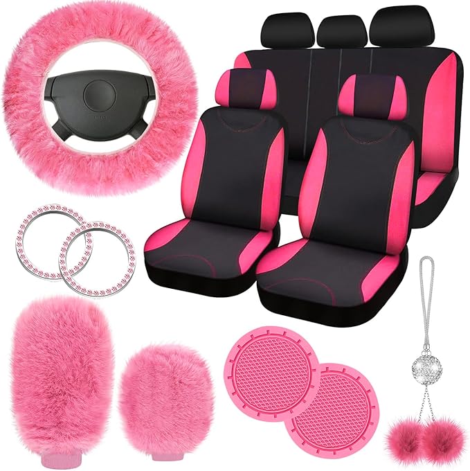 ANSIKE 17 Pcs Car Seat Cover Full Set Pink Seat Covers for