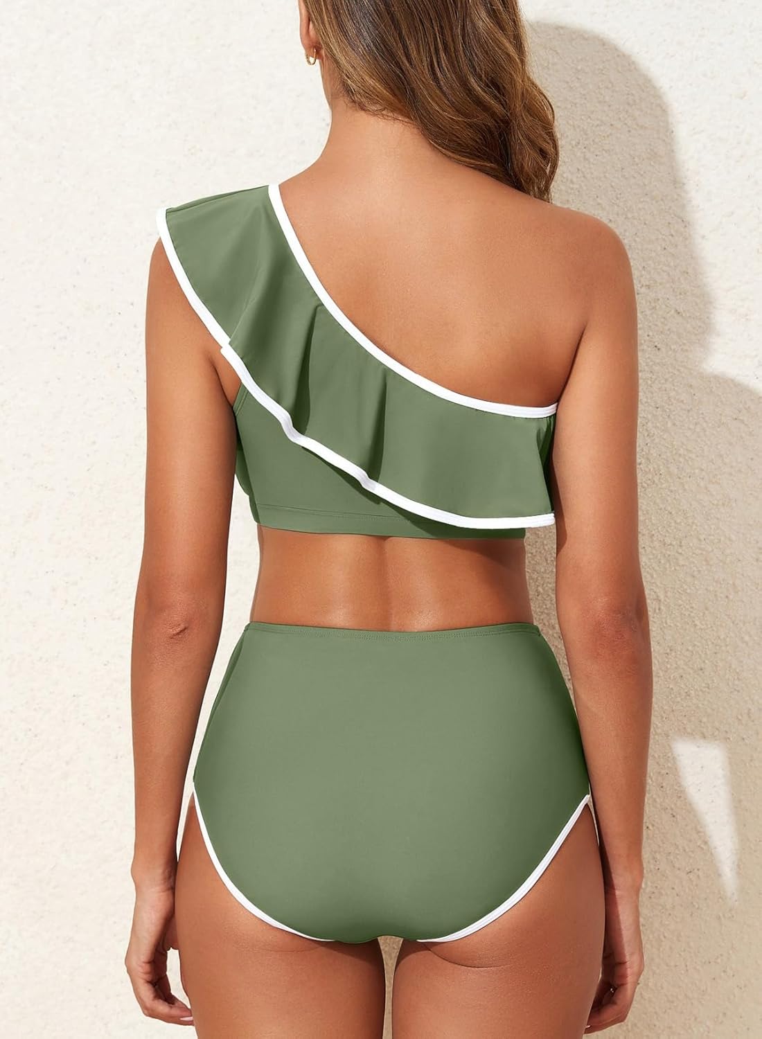 Herseas Women's One Shoulder Bikini Sets Color Block Trim Ruffle Hem Swimsuits Elegant Bathing Suits - Image 3