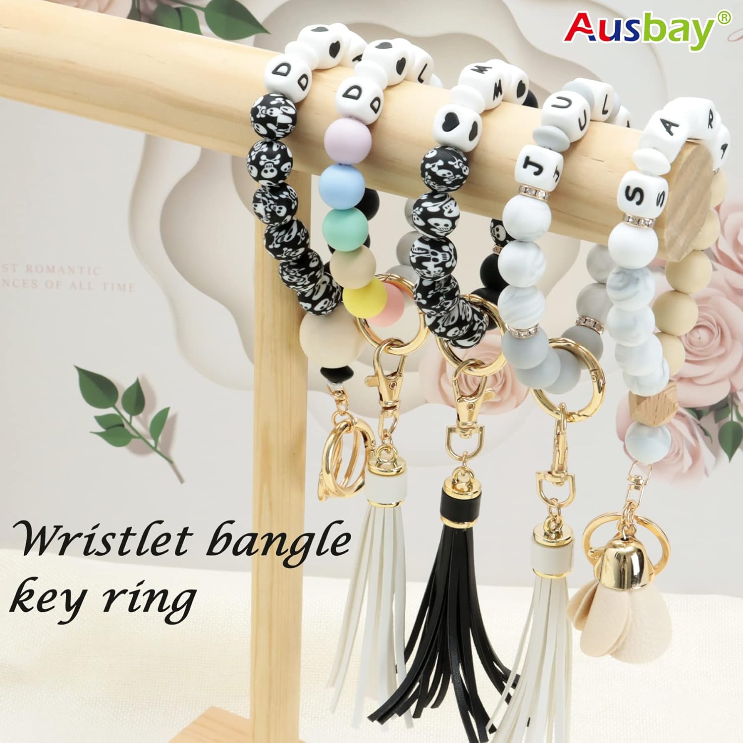 Personalized Keychain Bracelet Wristlet Bangle Keyring, Elastic Silicone Bead Leather Tassel Bracelet Keys Rings for Women (Black+White) : Handmade Products