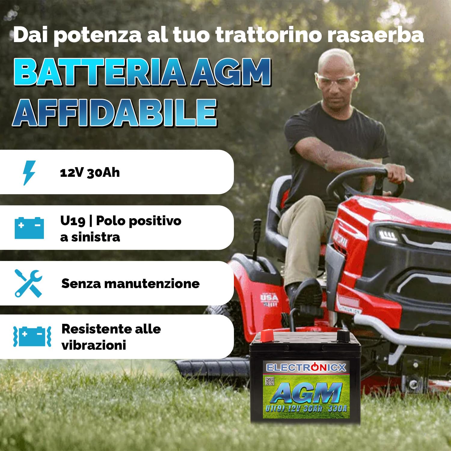 Electronicx - Batteria AGM U1 (9) 30 AH 330 A (EN) per tosaerba, attrezzi da giardino, batteria di avviamento, non necessita di manutenzione, tecnologia AGM, ermetica