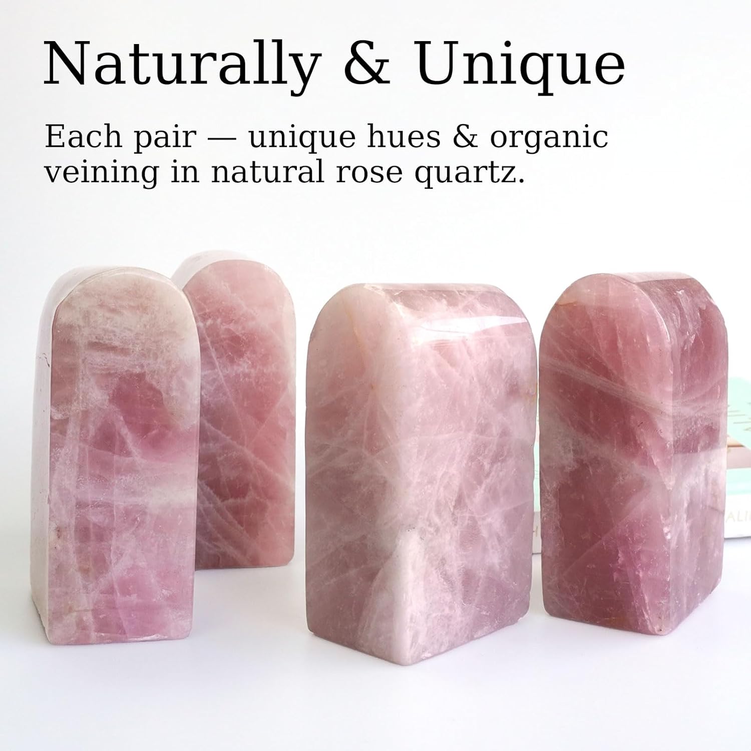 Natural Rose Quartz Bookends 3.5-4 lbs Pink Crystal Stone Decorative Bookends with Non-Slip Bumpers for Home and Office Decor