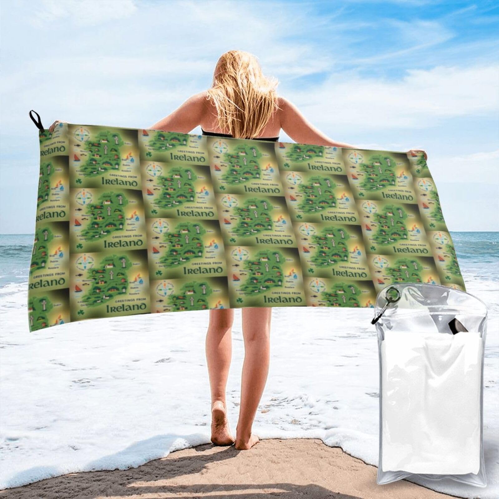 FHIZOAL Ireland Map With Landmarks Quick Dry Towel Microfibre Towel Super Absorbent Ultra Compact Gym Sports Beach Camping Travel