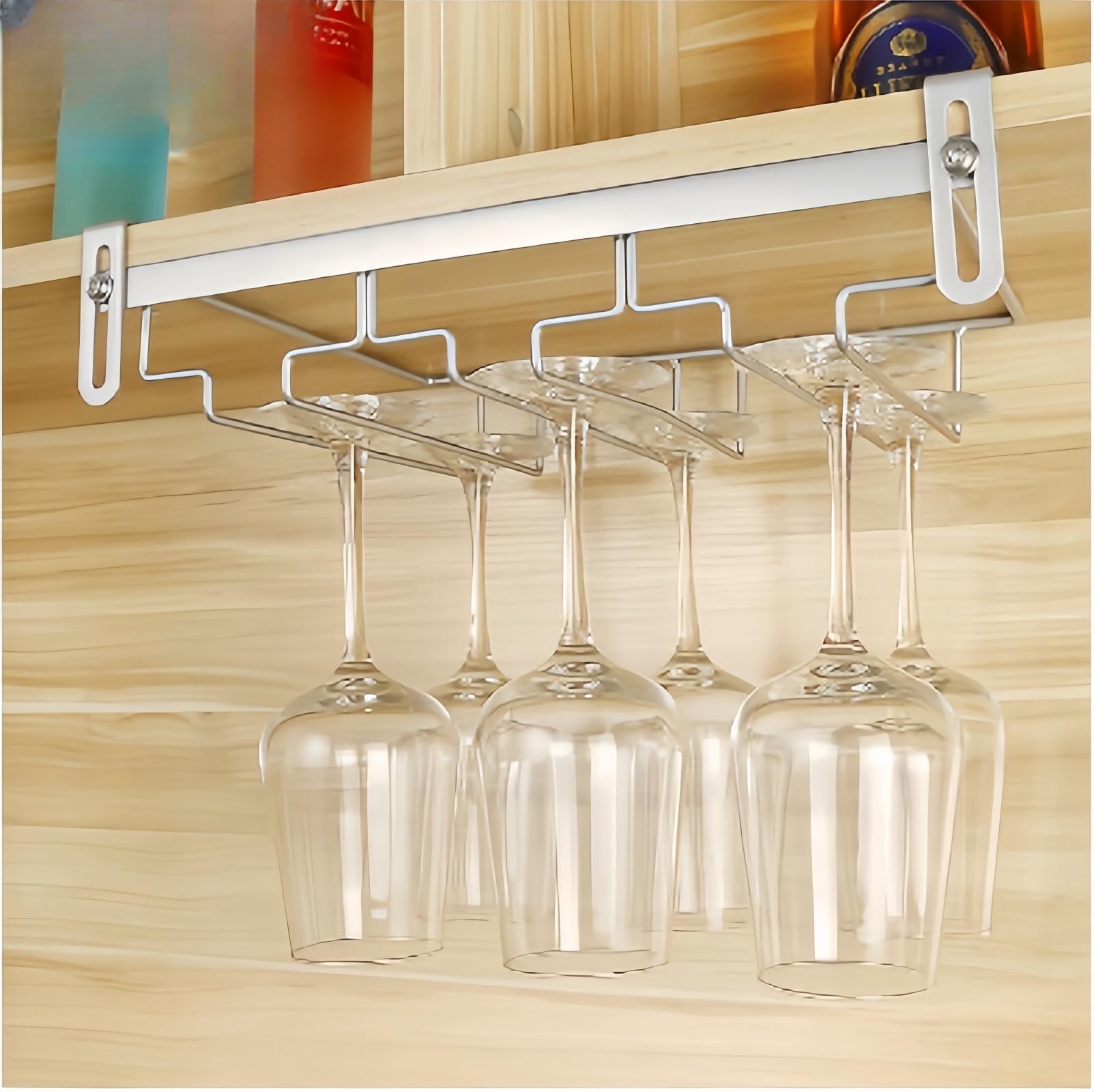 LKSXHZ Soporte para Copas de Vino de Pared,Colgador Copas Sin Taladrar de Metal,Estante Copas Vino Debajo Gabinete Colgador Almacenamiento Para para Bar Restaurante Cocina(Plata,35x22.5cm)