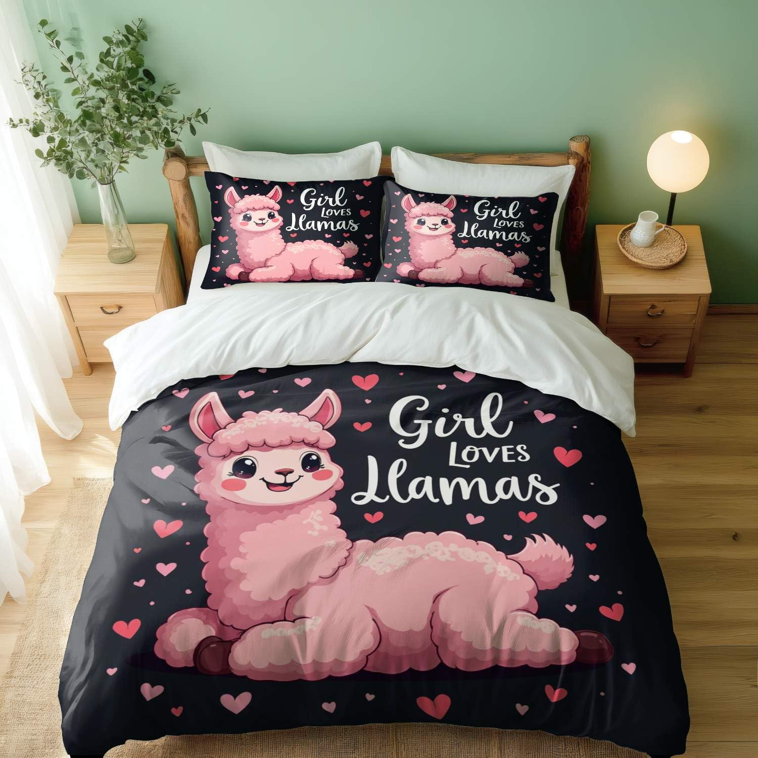 Housse de couette lama rose pour lit double, l'ambiance cocooning de la chambre de fille