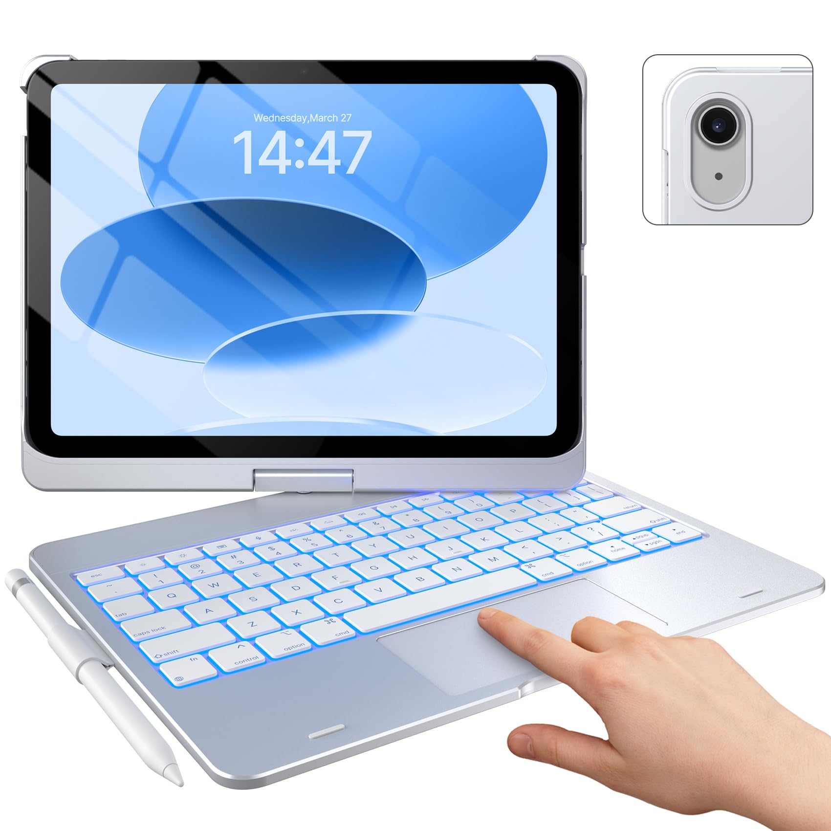 typecase Touch iPad 10th Generation Case with Keyboard (10.9", 2022) and iPad A16 (11th Gen, 2025) – 360° Rotatable, 11-Color Backlit, Multi-Touch Trackpad, Thin & Light (Silver)Carbonfree Certified