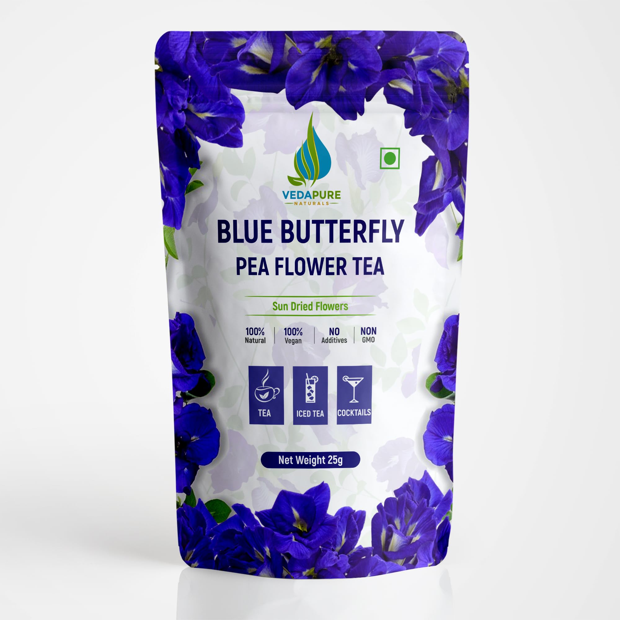 VEDAPURE Blue Butterfly Pea Sun Dried Flower Tea (25 G) - Pack of 1, Caffeine Free Blue Pea Tea for Glowing Skin & Sleep Support, Helps in Stress Relief, Steep as Hot Or Iced Makes 50 Cups