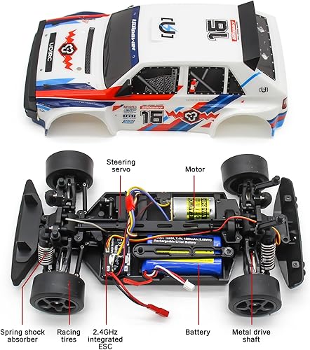 Miniatura 6 de Coche RC Drift a escala 116 de 30+MPH, motor de cepillo mejorado RC todoterreno con 2 baterías recargables, 2 juegos de neumáticos y luz para niños