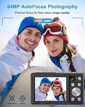 Digital Camera 4K 64MP Camera Double Camera with Auto Focus Flash 16X Zoom Anti-Shake 32GB Card Compact Vlogging Camera for Children Teenagers Adults Beginners Black