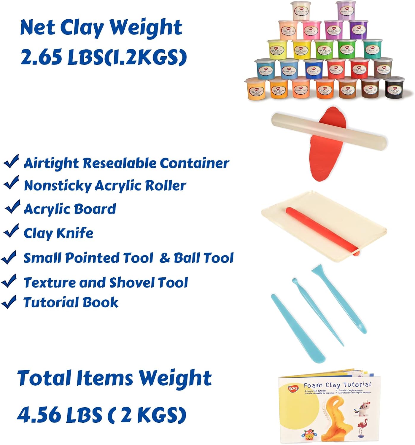 BOHS Bucket White Modeling Foam Clay + 24 Colors Tools Clay Kit