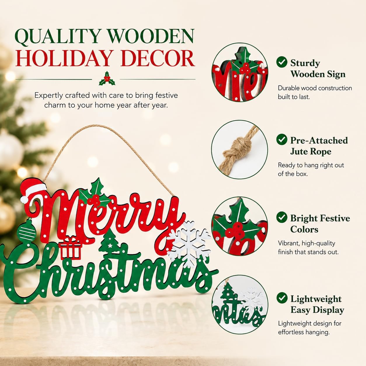 Merry Christmas Sign Wooden Door Hanger, 11.8in Christmas Decor image 3