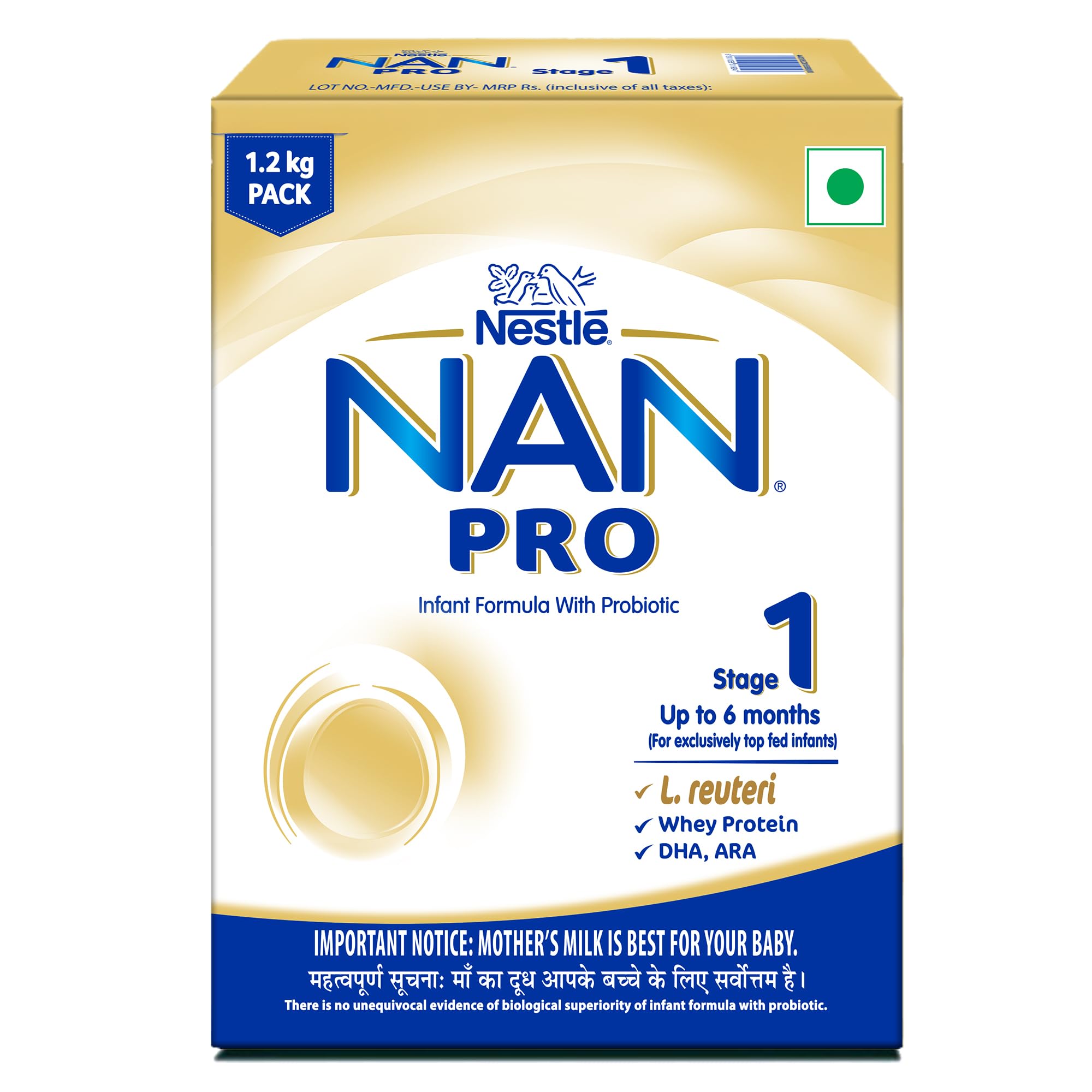 NAN PRO Stage 1 Infant Formula Milk Powder for Babies (Up to 6 Months) - with Probiotic, 1.2kg Bag-in-Box Pack