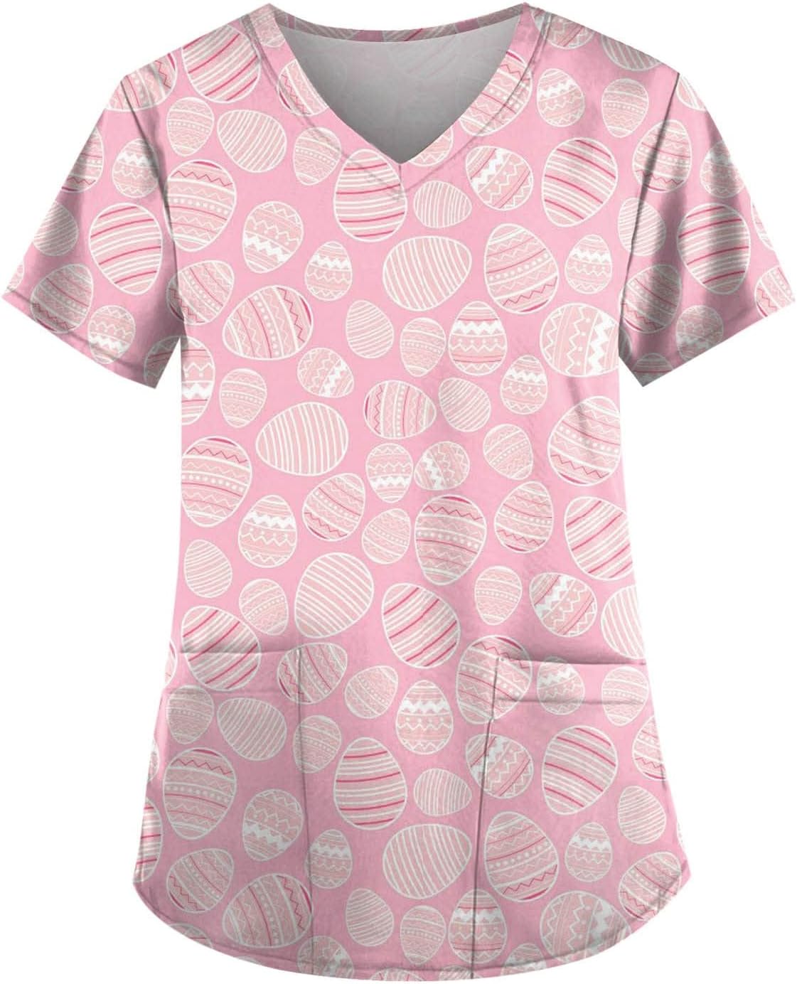 Womens Classic-Fit V Neck Tops Breathable Easter Printed Blouses 2023 Summer Hide Belly Short Sleeve T Shirt