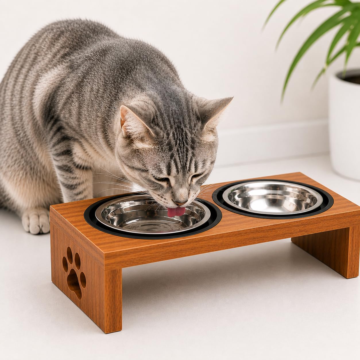 Comedouro Elevado Duplo para Gato com Tigela Inox 330ml | Suporte Antiformiga | MDF Freijó