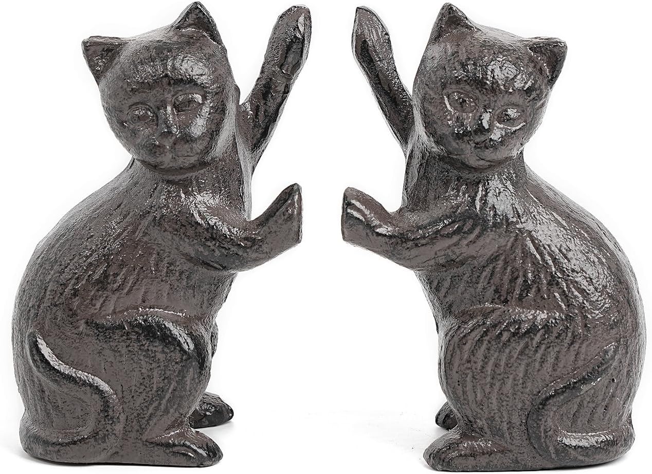 Sungmor Cast Iron Cat Sculpture Decorative Bookends, Animal Book End for Shelves Vintage Home Office Decor, Funny Bookend to Hold Books, Set of 2 Antique Brown Cat Statues