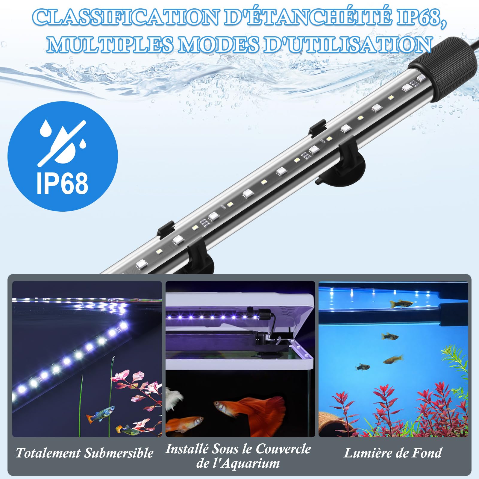 Rampe LED Aquarium 58cm, Éclairage RGBW Spectre Complet IP68 Étanche, Minuterie & Régulation de Luminosité, Ajustement de Couleur 24/7