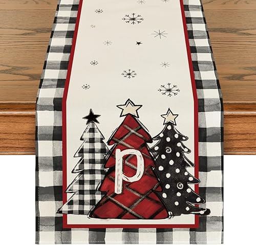 Artoid Mode Camino de mesa de Navidad con monograma de letra P Buffalo a cuadros con árboles de Navidad, decoración de mesa de comedor de invierno