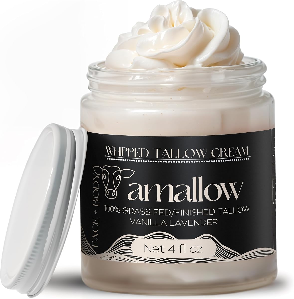 Amallow 100% Grass Fed Beef Tallow for Skin Care - Face + Body - Whipped Moisturizer - Natural Lotion, 4 FL. oz. (Vanilla Lavender)