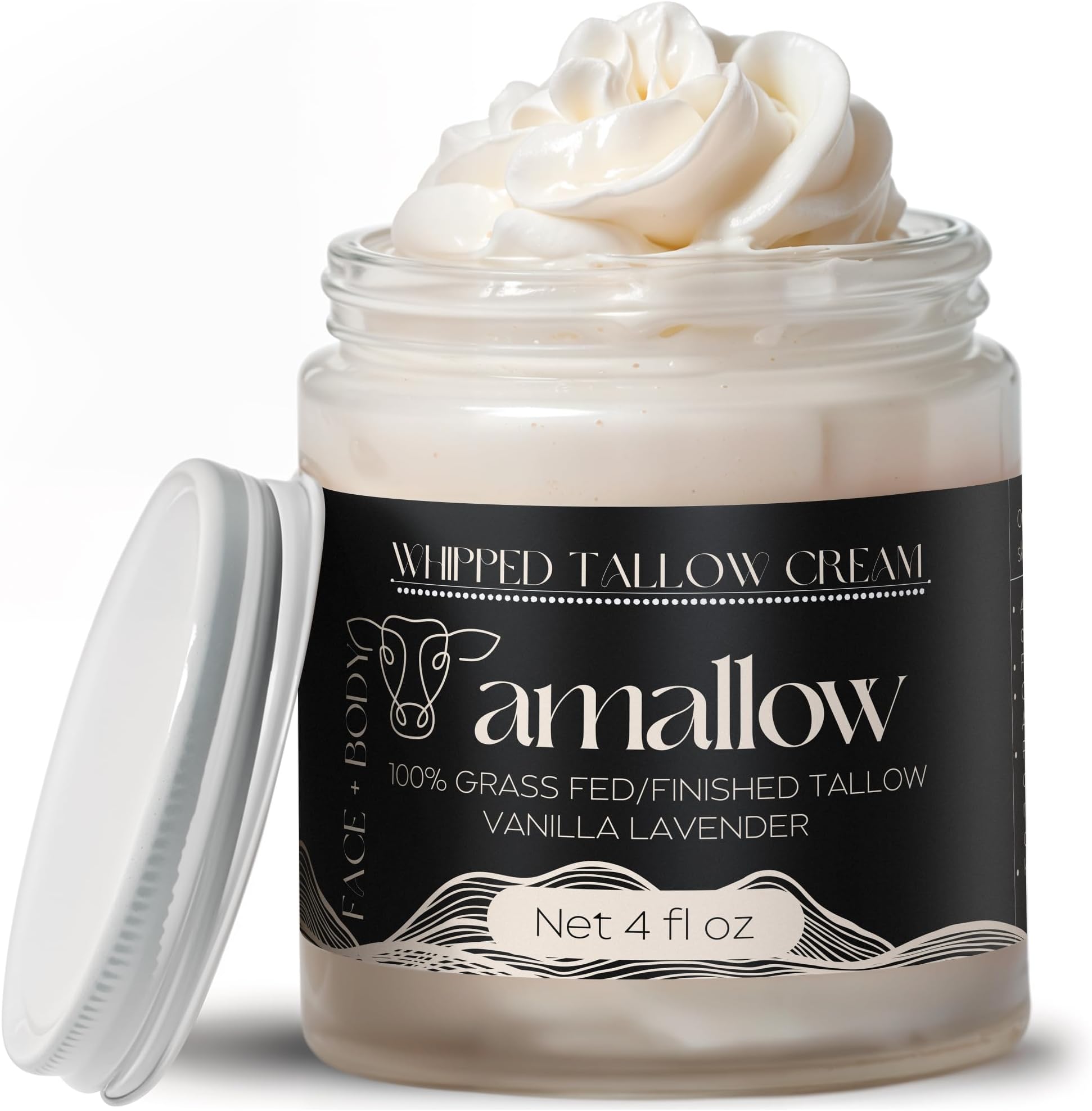 Amallow 100% Grass Fed Beef Tallow for Skin Care - Face + Body - Whipped Moisturizer - Natural Lotion, 4 FL. oz. (Vanilla Lavender)