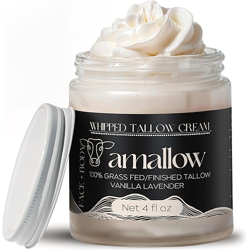 Amallow 100% Grass Fed Beef Tallow for Skin Care - Face + Body - Whipped Moisturizer - Natural Lotion, 4 FL. oz. (Vanilla Lavender)