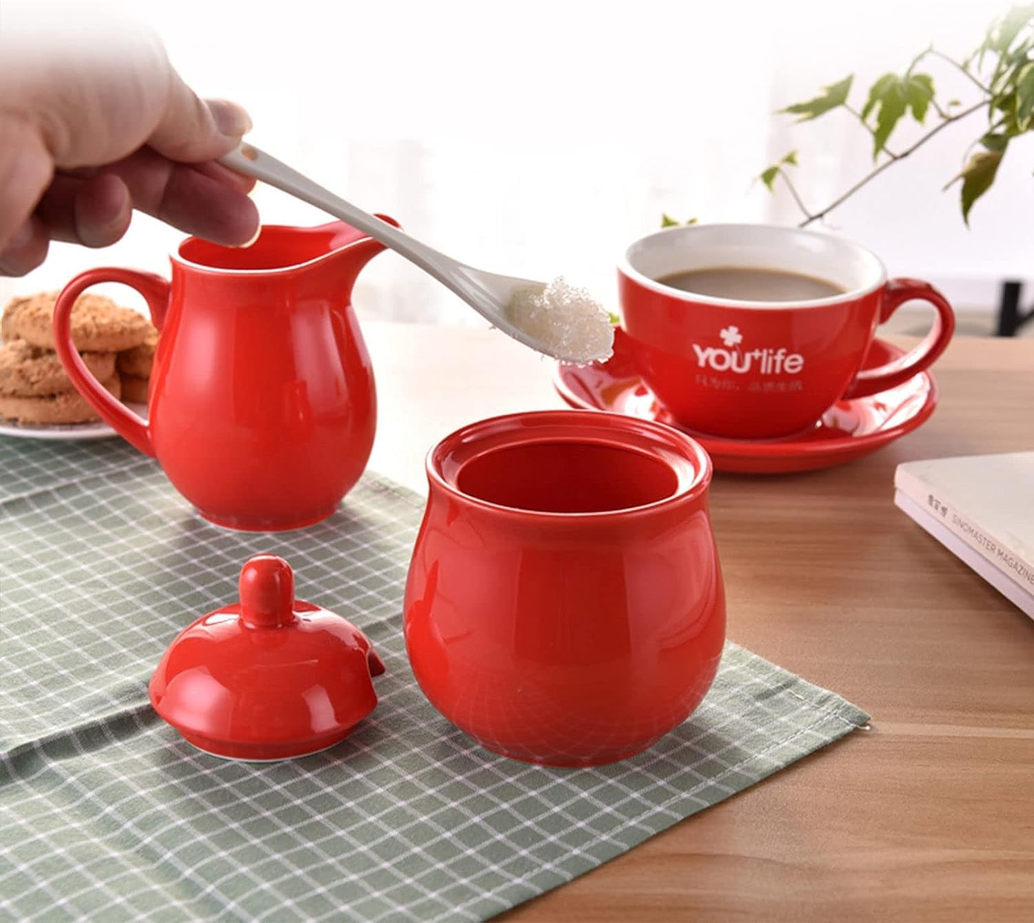 Sucrier avec couvercle et pot à lait, crème et ensembles, pot à sucre, décoration (rose, sucrier)