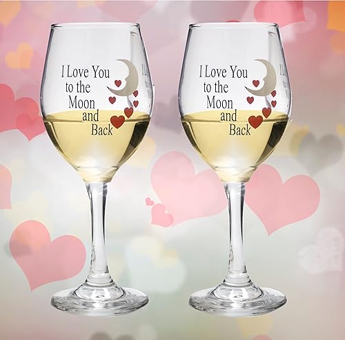 Miniatura 2 de Lovers - Juego de 2 copas de vino, con texto en inglés "I Love You to the Moon & Back with Red Hearts", diseño de corazón, aniversario, boda,