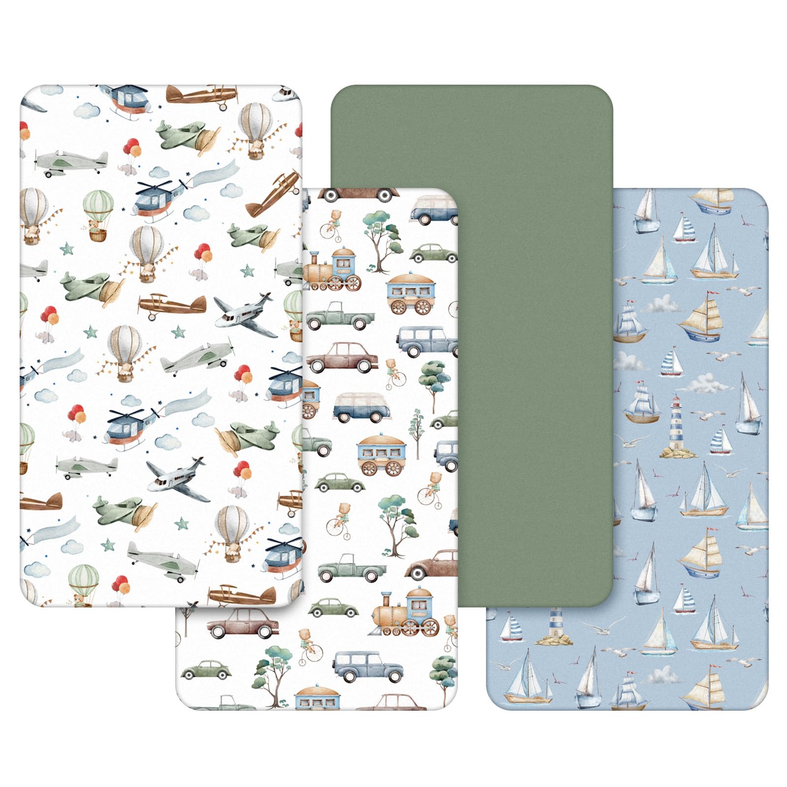 VitalCozy 4 Pcs Car Plane Train Truck Pattern Crib Sheet Set Newborn Bedding Nursery Baby Sheets for Girl Boys Baby Gifts for Standard Crib and Toddler Mattresses, 52 x 28 x 8 Inches