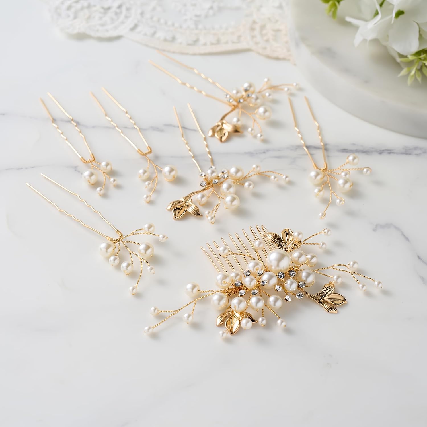 SWEETV Bridal Wedding Hair Accessories Set of 7, Pearl Wedding Hair Comb Rhinestone HairPins Leaf HairPieces Elegant Bridal Headpieces Accessories for Brides Bridesmaids Women Girls