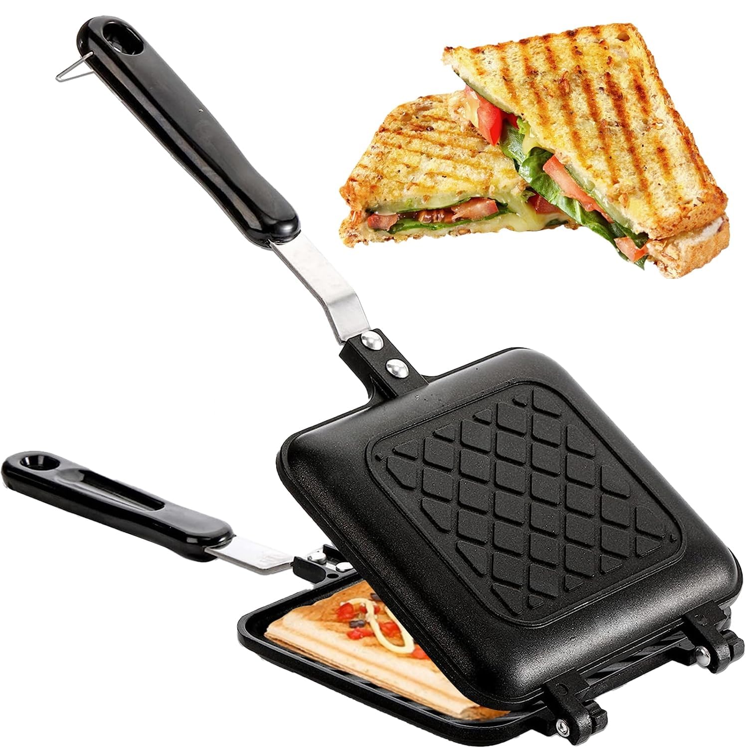 Camping toaster non stick stove baking pan, double-sided multifunctional, with heat-resistant handle, suitable for family breakfast or outdoor camping breakfast frying pan
