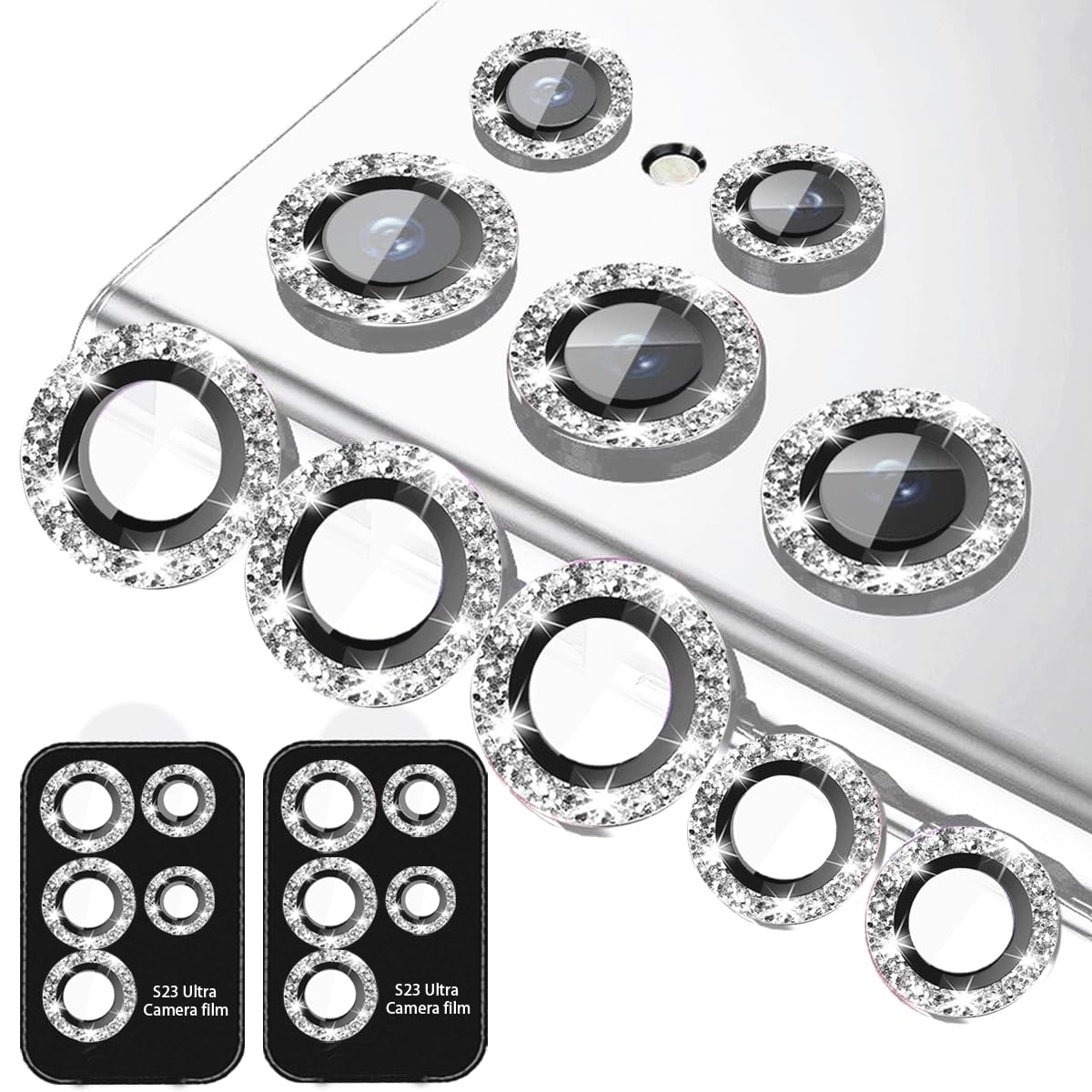 KONVOK [5+5 Pack Compatible with Samsung Galaxy S22 Ultra Camera Lens Protector Glitter Bling, S22 Ultra Camera Cover, Tempered Glass Clear Screen Protector Accessories, Phone Case Friendly (Silver)