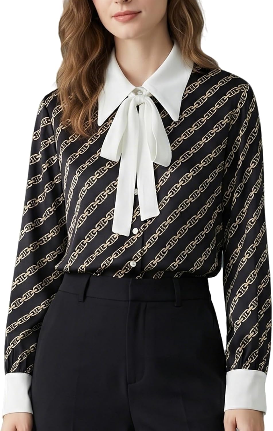 Womens Bow Tie Silk Blouse Vintage Chain Print Long Sleeve Button-Down Shirts Business Casual Elegant Tops