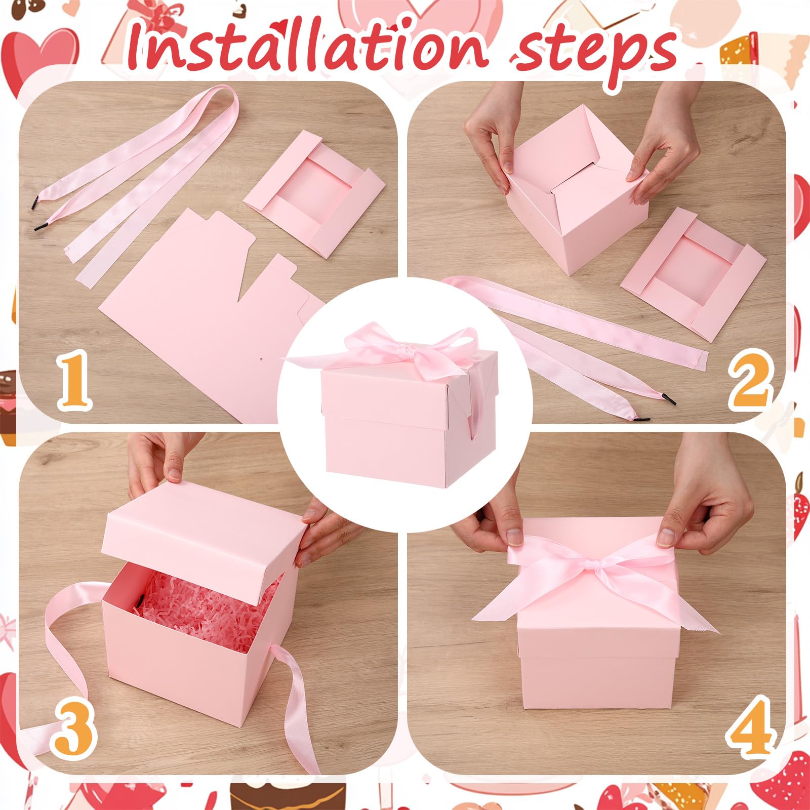 Cholemy 6 Pcs Nesting Gift Boxes with Lid Square Nesting Gift Boxes for Presents Packaging with Ribbon Easter Anniversaries Bridal Shower Birthday Wedding Party Favor(Pink)