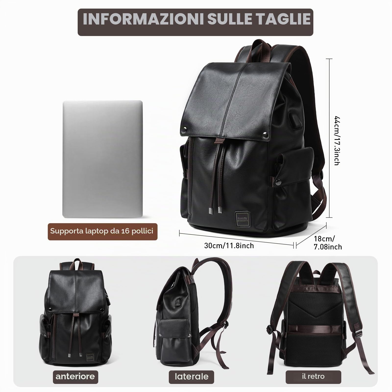 Zaino in Pelle Impermeabile per Laptop 15,6 Pollici, Vintage Elegante per Donna, Lavoro Uomo in Pelle Sintetica, Nero Con Presa USB per Affari, Scuola, Viaggi, Università