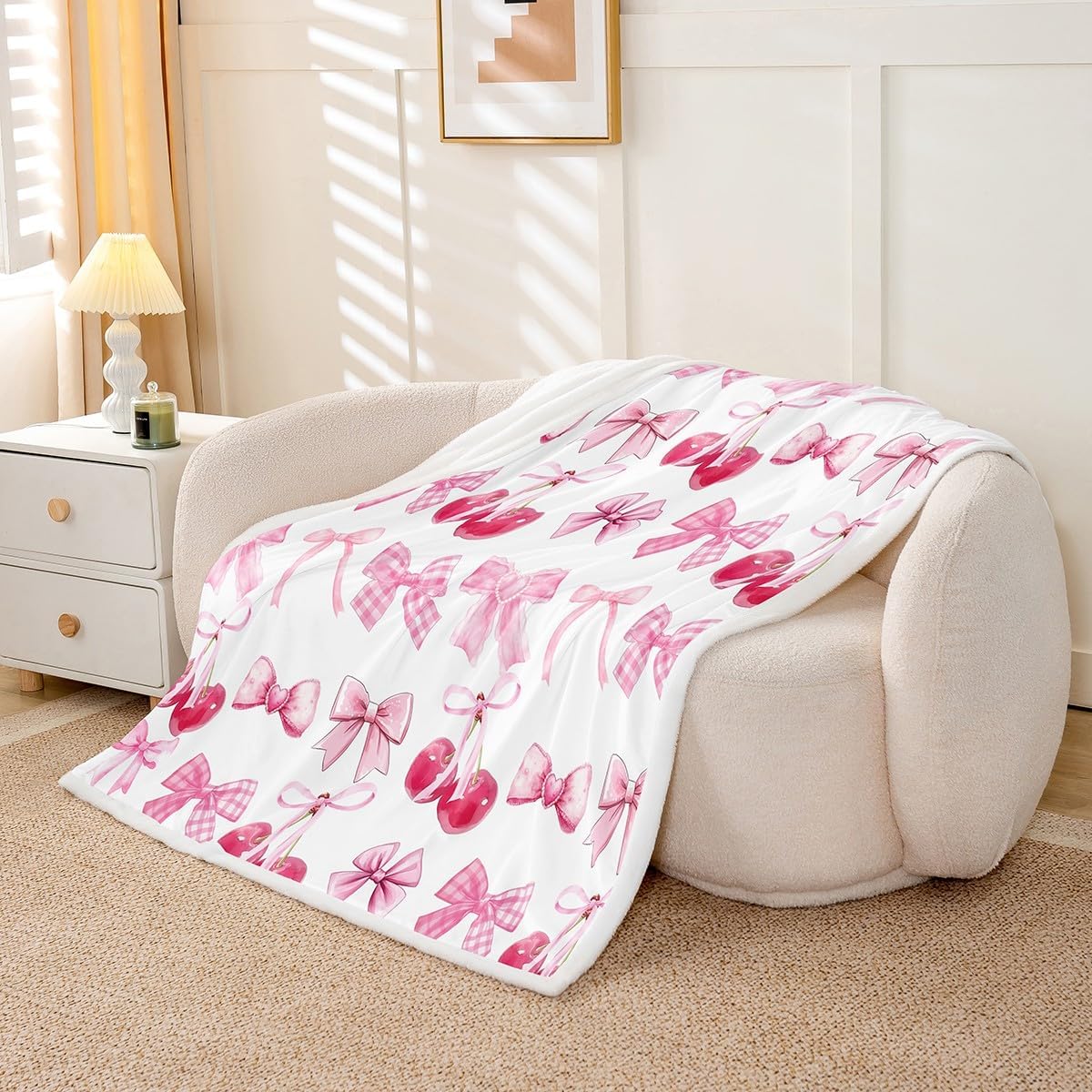 Feelyou Cute Bowknot Fleece Throw Blanket Throw 50"x60" Pink Watercolor Bow Sherpa Blanket for Bed Sofa Couch Boys Girls Teens Bedroom Decor Bow Plush Blanket Women Men Dreamy Princess Fuzzy Blanket