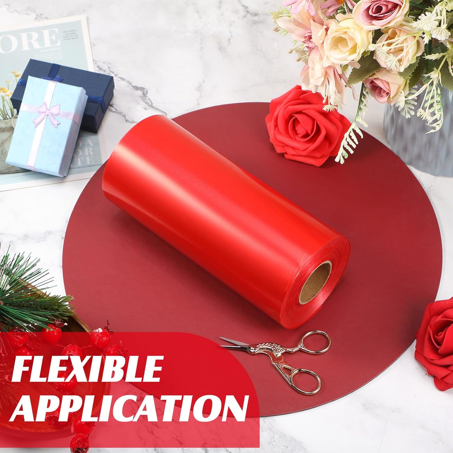 Syhood Outdoor Leaf Ribbon Floral Satin Ribbon for Crafts Aspidistra Waterproof Holiday Outdoor Decoration(8 Inch X 54 Yards,Red)