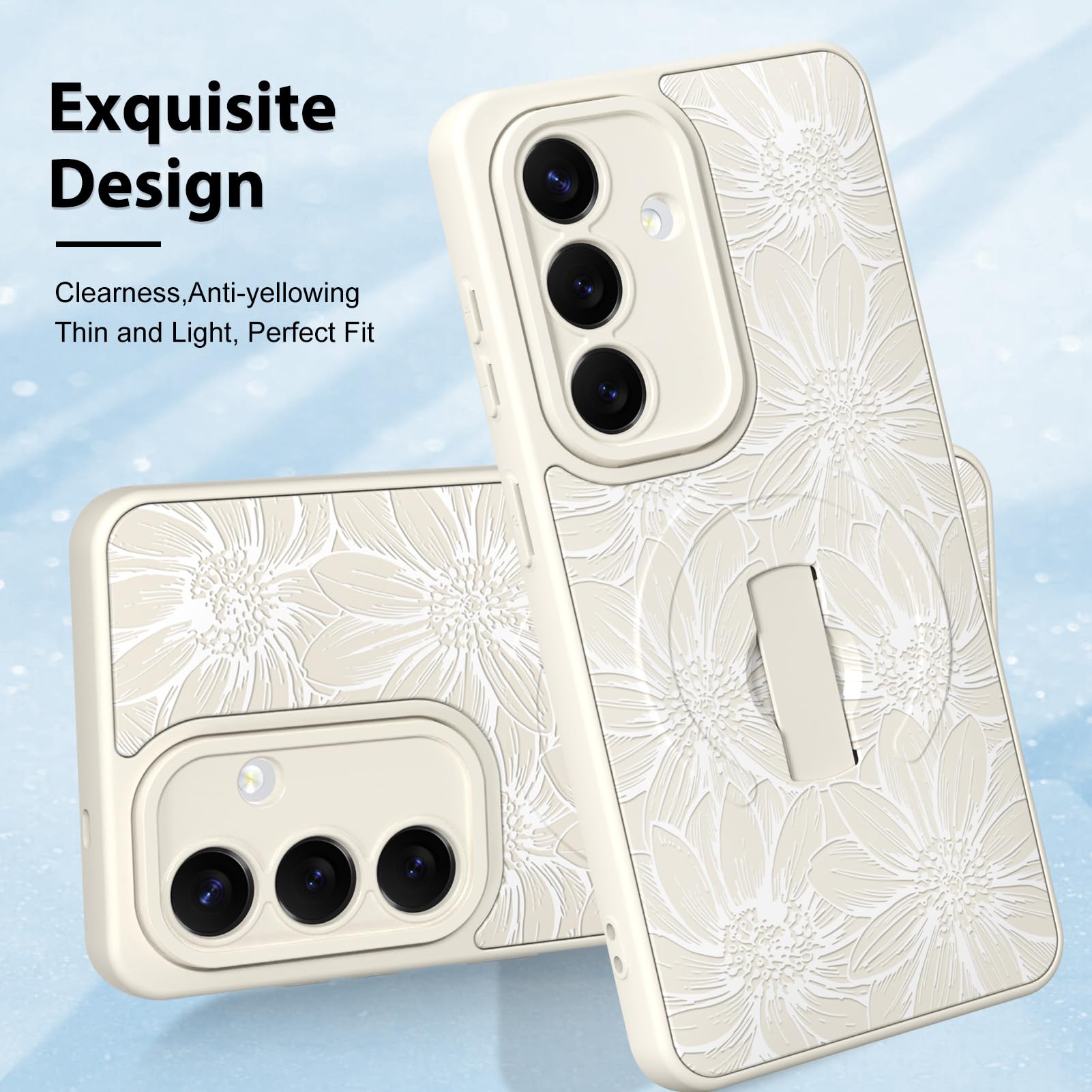 MZELQ Funda de silicona para Samsung Galaxy S26, diseño floral de girasol, soporte para MagSafe, protección de cámara, suave, delgada, para niñas y mujeres, color blanco