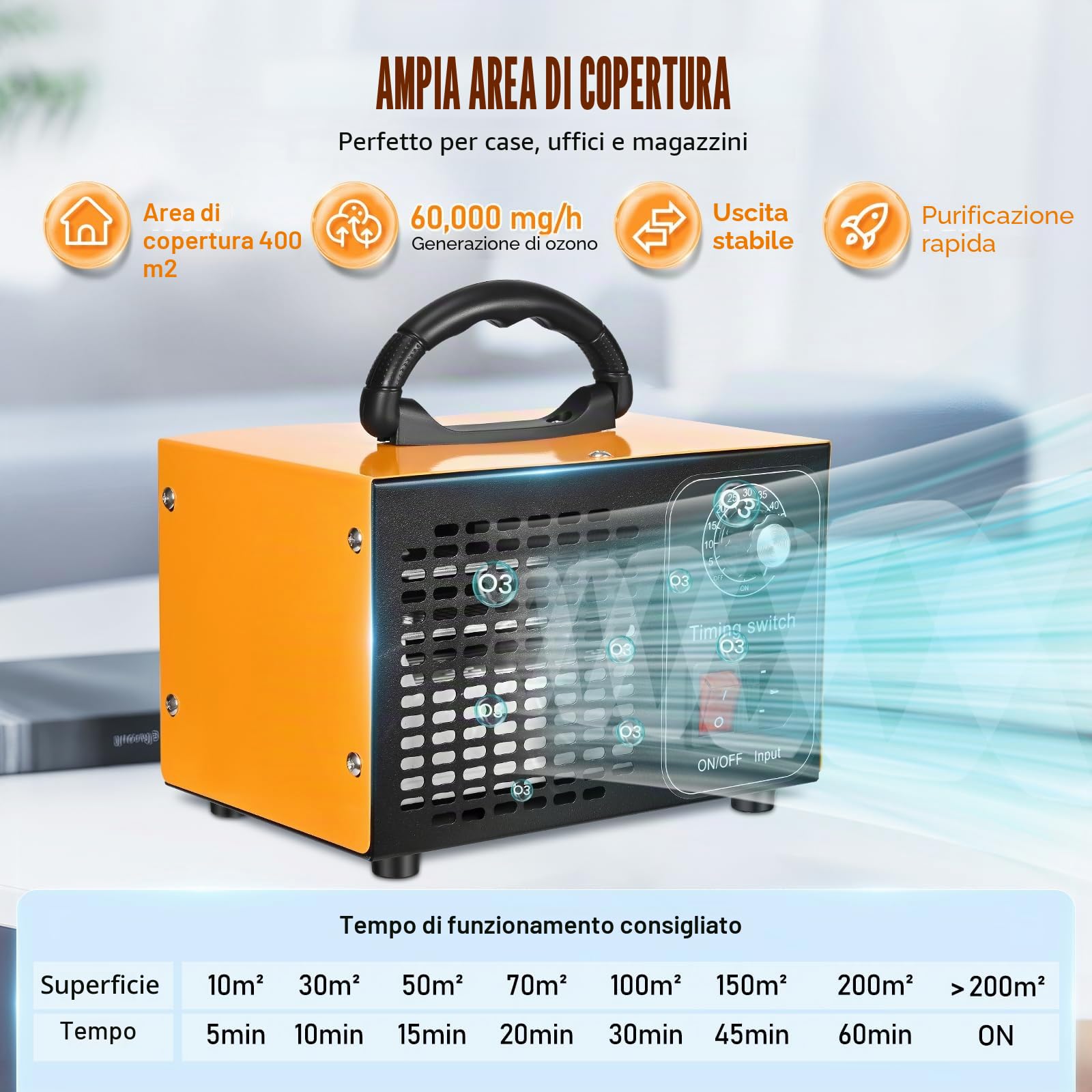 Generatore di ozono 60000 mg/h, 400 ㎡, purificatore d'aria e timer da 60 minuti, purificatore d'aria O3, purificatore d'aria per auto, purificatore d'aria e deodorante (versione avanzata)