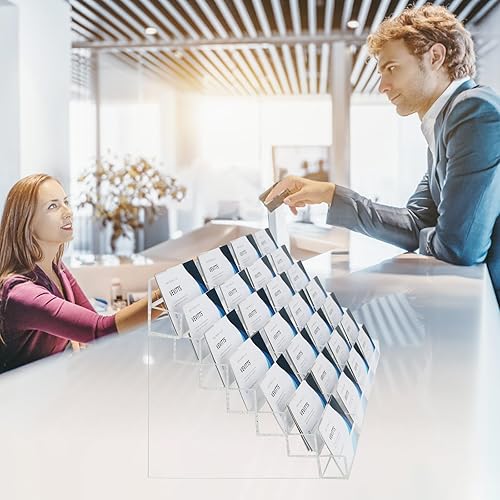 Vista 3 de Acrylic Business Card Holder for Desk Multiple Business Card Holders 28 Slot 7 Tier Large Business Card Organizer Business Card Display Rack Clear