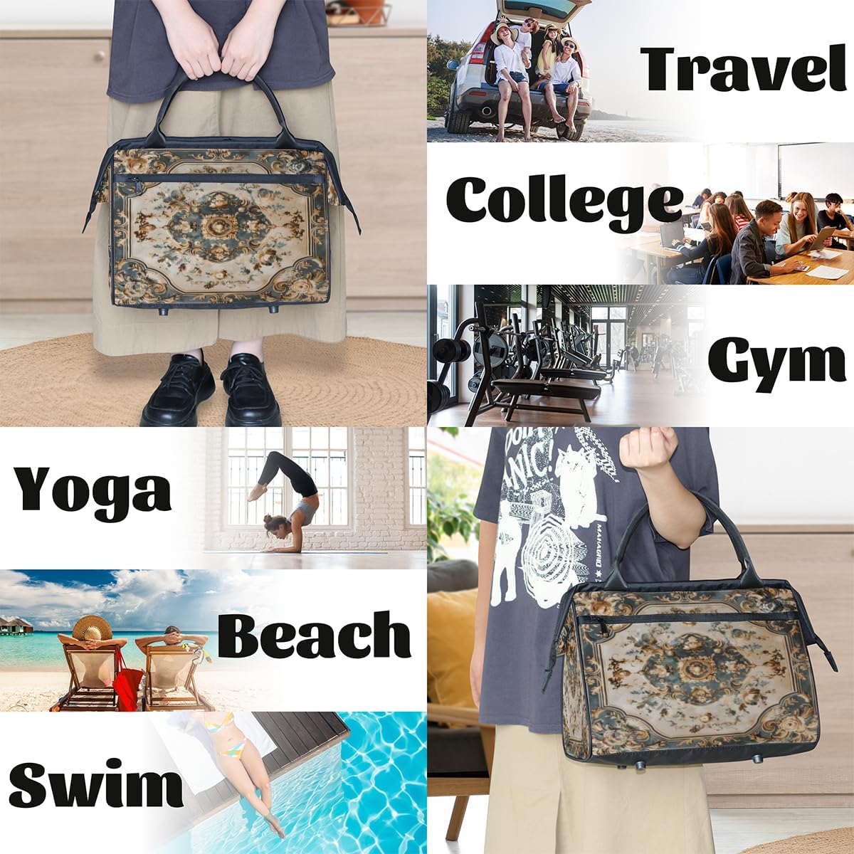 Duffel Bags Gym Bag for Women Men, Travel Duffel Bag with Trolley Sleeve, Waterproof Sports Gym Bag Weekender Overnight Bag Carry On Tote Bag for Gym Travel Sport, Tile Flowers Ornament Pattern - Image 7
