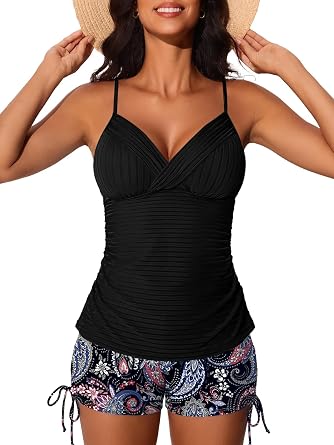 MiYang Twist Front Ribbed Tankini with Shorts Tummy Control Two Piece 2026 | Flattering Bathing Suit,V-neck,Tummy Control,Swimsuit with Shorts,High-waisted,Adjustable Drawstrings,Crisscross Back Straps