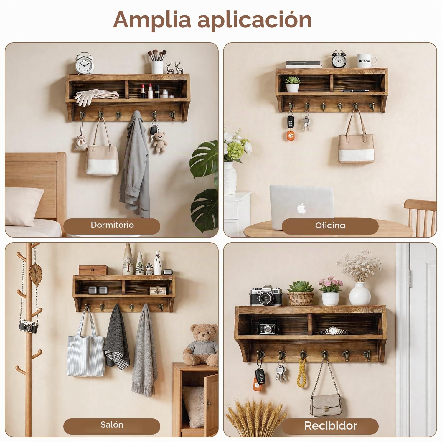 TopEsct Colgador de Llaves para Pared, Portallaves de Madera con Cartas Estante, Organizador Llaves con 6 Ganchos Cuelga Llaves Pared para Salón Pasillo Oficina - Marrón