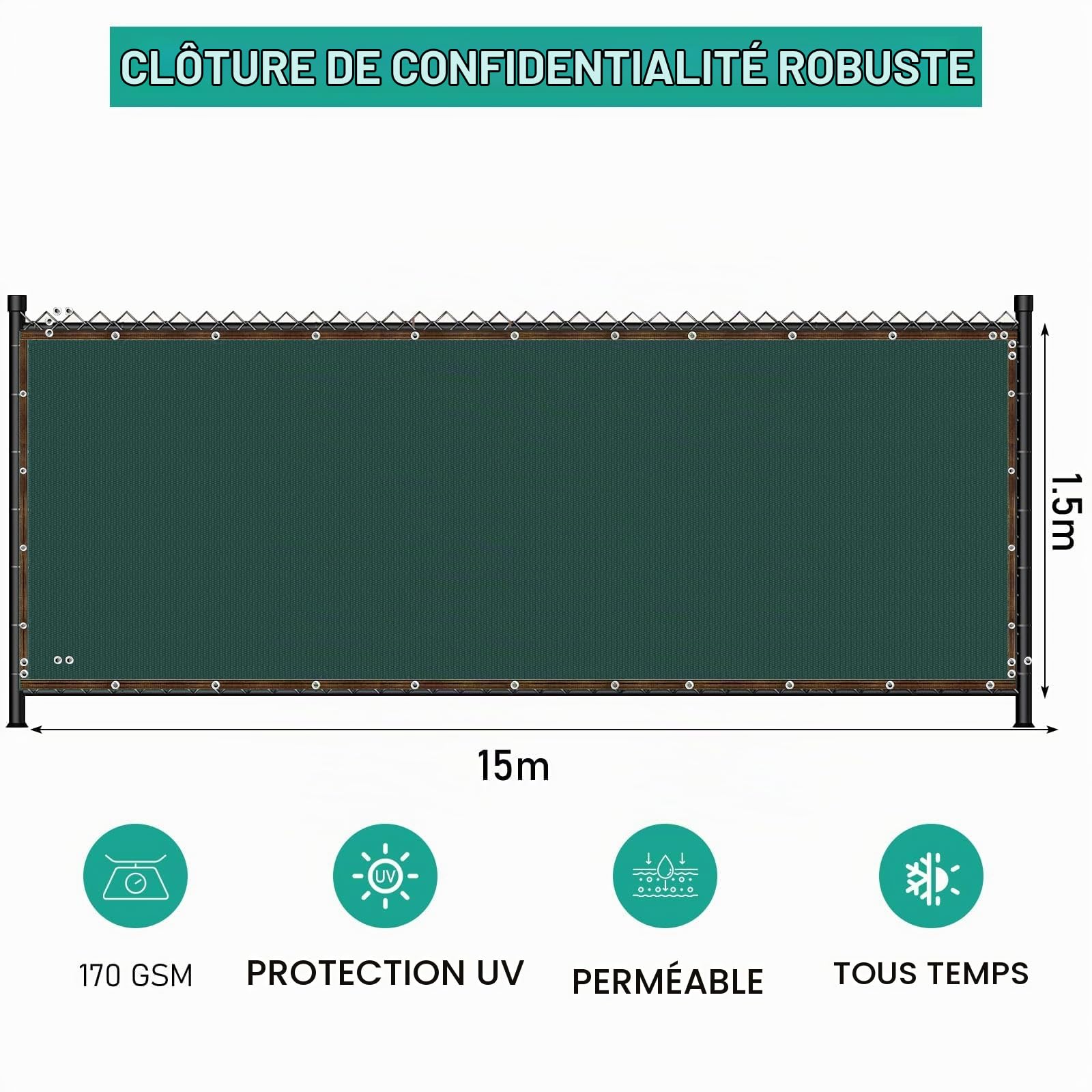 Brise-Vue de Jardin 1,5 x 15 m, Toile de Protection Extérieure Anti-Vent avec Attaches Câbles, Écran de Confidentialité pour Clôture, Plantes, Terrasse, Balcon, Mur Extérieur (Vert)