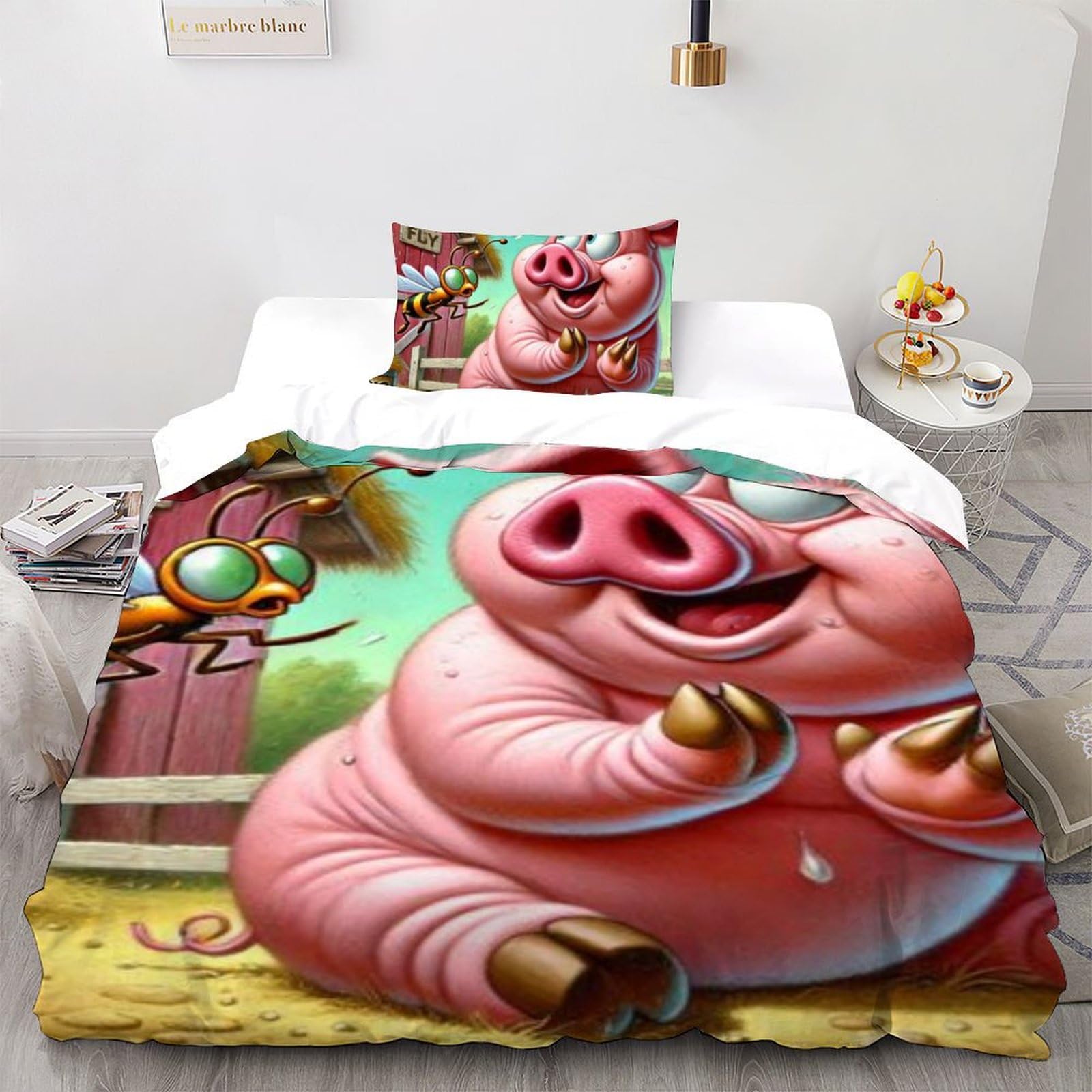 Housse de couette cochon imprimé 3D animaux land microfibre literie enfants single 135x200cm