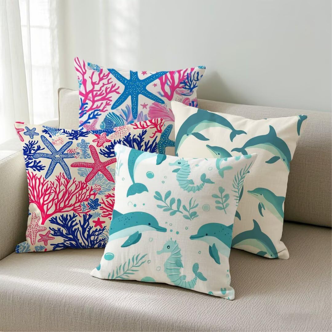 Fundas Cojines 40x40 cm Exterior Cojines Coral Fundas de Almohada Juego de 4, Cuadrados Funda Cojin Delfín Almohadas con Cremallera, Sofa Cama Decorativos para Hogar, Jardín, Salón y Dormitorio Ym463
