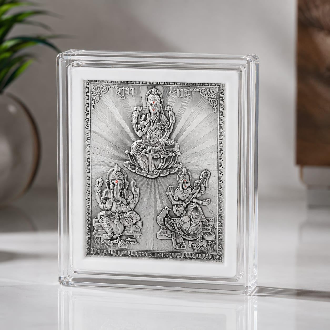 Laxmi Ganesha Saraswati Silver Frame for Home Décor | Lakshmi Ganesh Saraswati Religious Decorative Tabletop Frame | Premium Spiritual Showpiece for Pooja Room, Mandir, Living Room & Office | Festive Gift-image-15