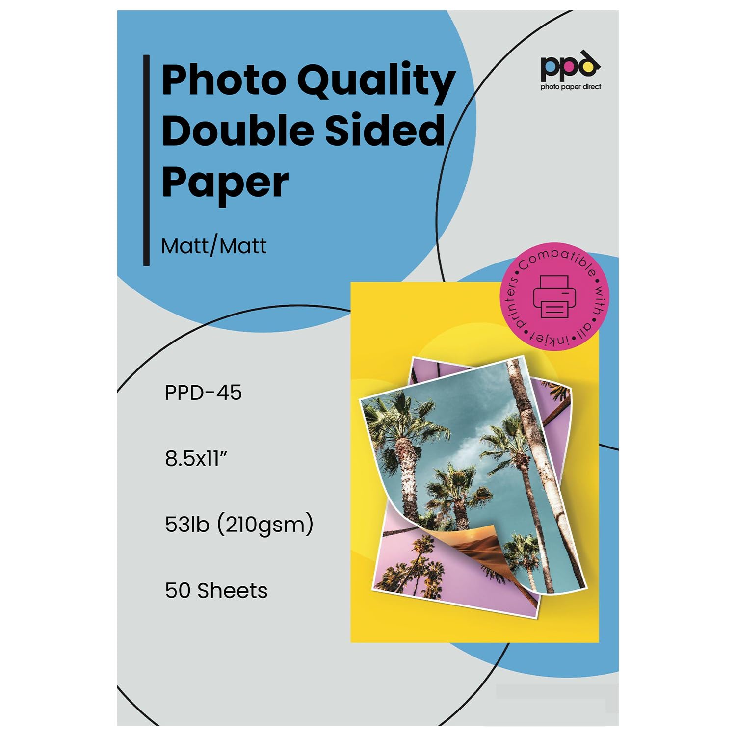 PPD 50 Sheets Inkjet Matte Double Sided Heavyweight Photo Quality Paper LTR 8.5 x 11 53lbs. 210gsm 9mil (PPD-45-50)