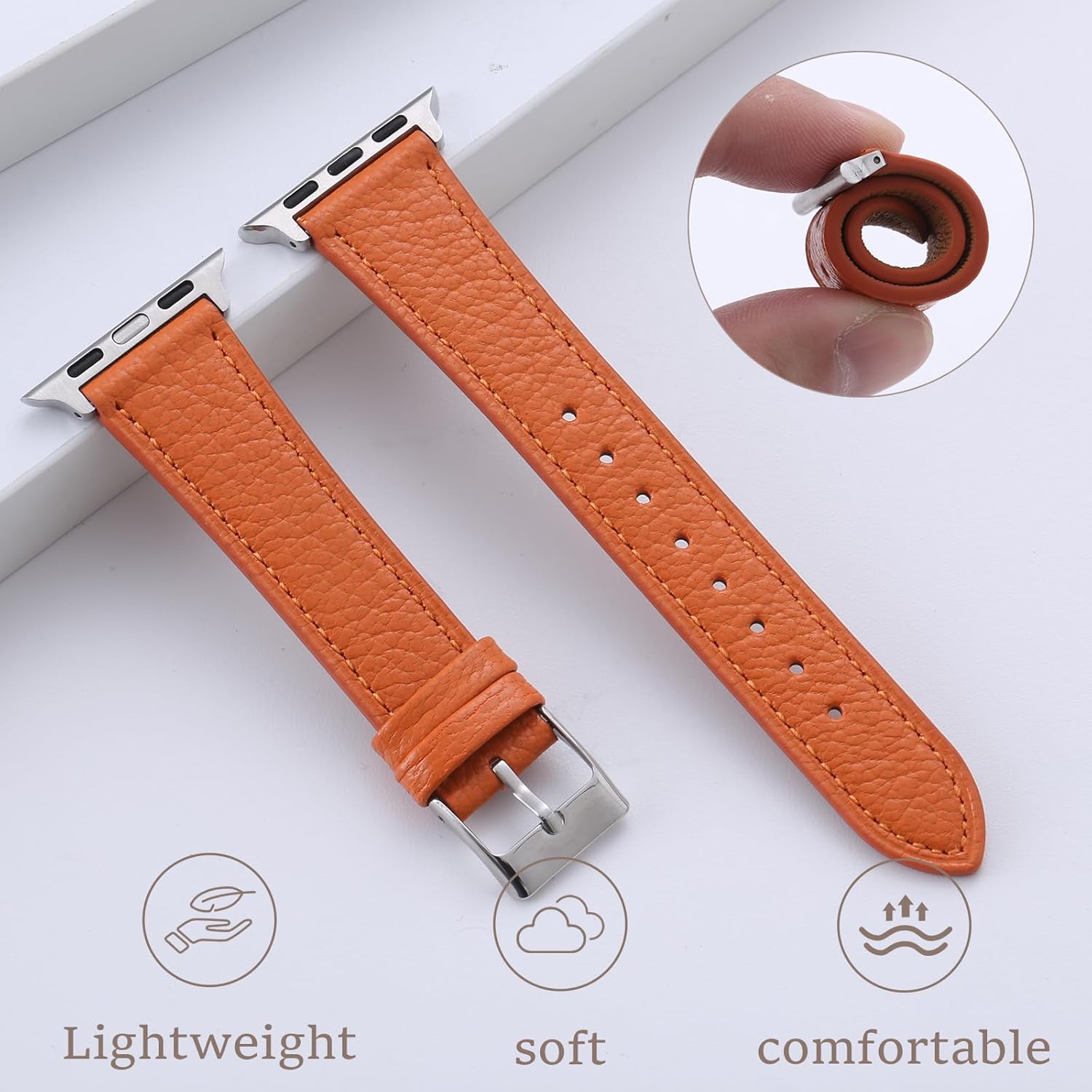 Thin Soft Goatskin Women Leather Bands Compatible With Apple Watch Band 49mm 46mm 45mm 44mm 42mm 41mm 40mm 38mm, Premium Lightweight Slim Leather Straps for iWatch Ultra SE 11 10 9 8 7 6 5 4 3 2 1