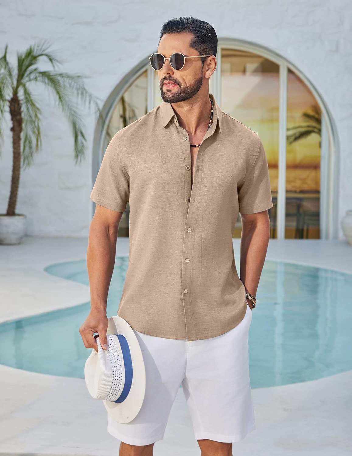 COOFANDY Mens Button Down Shirt Short Sleeve Casual Shirts Linen Textured Summer Beach Shirts - Image 2
