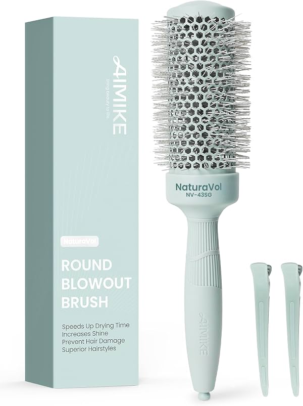 AIMIKE NaturaVol Cepillo redondo para secado con soplador, cepillo redondo con tecnología nano térmica cerámica e iónica, para secado con soplador y peinado tipo salón en casa, volumen y brillo máximo - Barril de 1.7”, 2.5” con cerdas Global Recycled Standard
