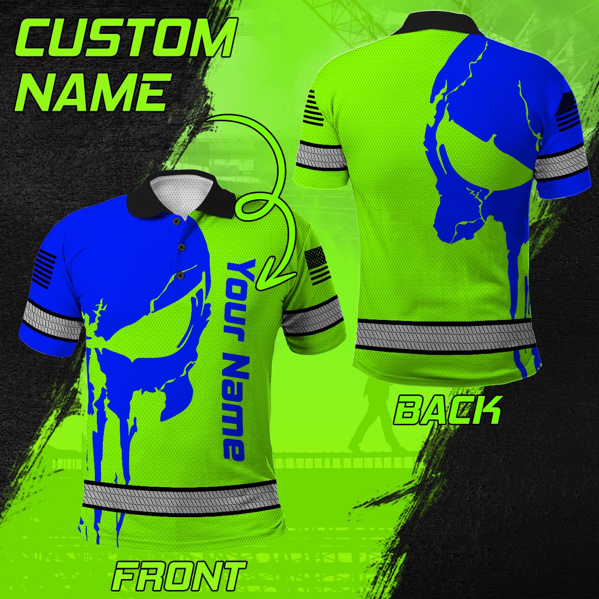 Maddly Hi Vis Polo Shirt Reflective Blue and Green Neon Skull US Flag Custom Name Safety Workwear for Workers, Runners, Cyclists, Trucker, Operator, Patriotic-2XL